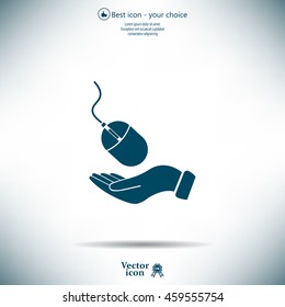 Computer mouse on hand icon, vector illustration. Flat design style