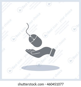 Computer mouse on hand icon, vector illustration. Flat design style