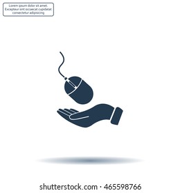 Computer mouse on hand icon, vector illustration. Flat design style