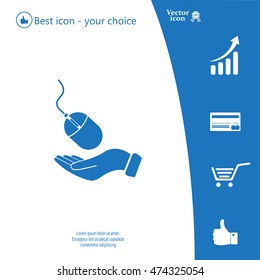 Computer mouse on hand icon, vector illustration. Flat design style