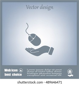Computer mouse on hand icon, vector illustration. Flat design style
