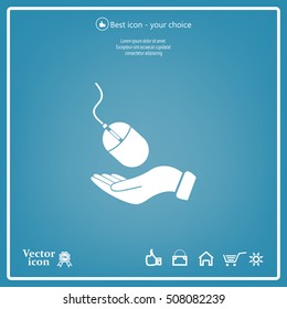 Computer mouse on hand icon, vector illustration. Flat design style