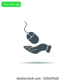Computer mouse on hand icon, vector illustration. Flat design style
