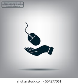 Computer mouse on hand icon, vector illustration. Flat design style