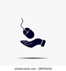 Computer mouse on hand icon, vector illustration. Flat design style