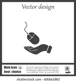 Computer mouse on hand icon, vector illustration. Flat design style