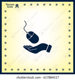 Computer mouse on hand icon, vector illustration. Flat design style