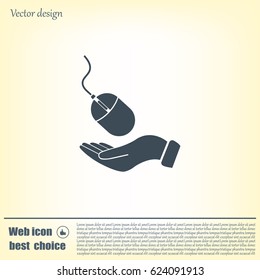 Computer mouse on hand icon, vector illustration. Flat design style