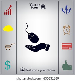 Computer mouse on hand icon, vector illustration. Flat design style
