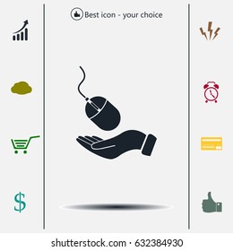 Computer mouse on hand icon, vector illustration. Flat design style