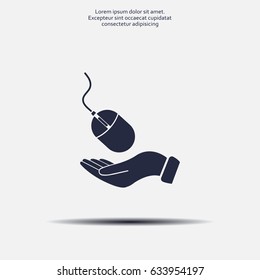Computer mouse on hand icon, vector illustration. Flat design style