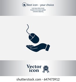 Computer mouse on hand icon, vector illustration. Flat design style