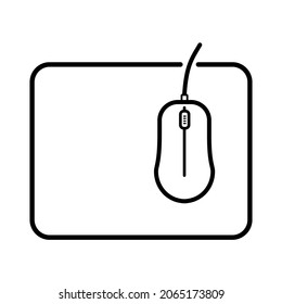 Computer mouse on a mouse pad. Vector line icon. Black outline isolated on a white background.