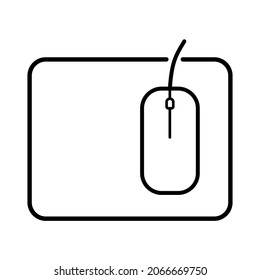 Computer mouse on a mouse pad. Vector line icon. Black outline isolated on a white background.