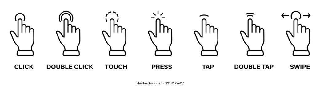 Computer Mouse Pointer Finger Line Icon Set. Cursor Hand Linear Pictogram. Click Press Double Tap Touch Swipe Point Gesture Black Outline Symbol. Editable Stroke. Isolated Vector Illustration.