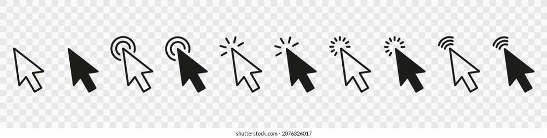 Computer Mouse Pointer Icons Set on Transparent Background. Web Click Arrow Pointer Line and Silhouette Icon. Collection of Black Computer Cursor. Isolated Vector Illustration.