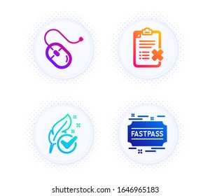 Computer mouse, Reject checklist and Hypoallergenic tested icons simple set. Button with halftone dots. Fastpass sign. Pc device, Decline file, Feather. Entrance ticket. Business set. Vector