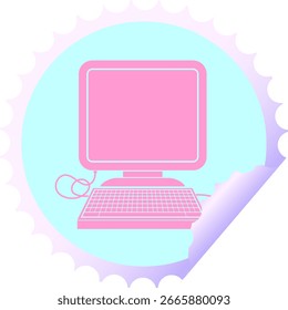 computer with mouse and screen circular peeling sticker in bright neon color