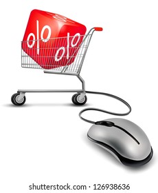 Computer mouse and a shopping cart with cube in it. concept of discount. Vector.