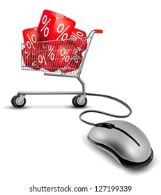 Computer mouse and a shopping cart with cube in it. concept of discount. Vector.