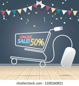 Computer mouse shopping cart design concepts with festival dark gray wall on wooden floor. Online shopping neon text event banner design . Vector illustration