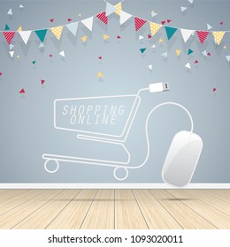 Computer mouse shopping cart with grey wall on wooden floor. Concept online shopping design . Vector illustration