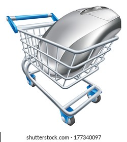 A computer mouse in a shopping trolley or cart. Concept for internet shopping online or buying technology