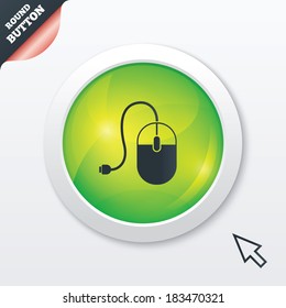 Computer mouse sign icon. Optical with wheel symbol. Green shiny button. Modern UI website button with mouse cursor pointer. Vector