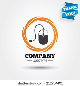 Computer mouse sign icon. Optical with wheel symbol. Business abstract circle logo. Logotype with Thank you ribbon. Vector