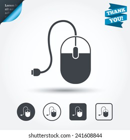 Computer mouse sign icon. Optical with wheel symbol. Circle and square buttons. Flat design set. Thank you ribbon. Vector