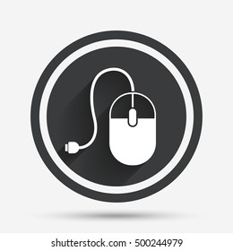 Computer mouse sign icon. Optical with wheel symbol. Circle flat button with shadow and border. Vector
