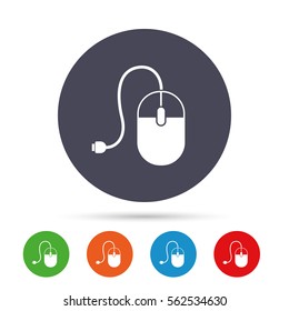 Computer mouse sign icon. Optical with wheel symbol. Round colourful buttons with flat icons. Vector
