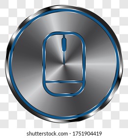 Computer mouse simple icon vector on metal round button. Transparent grid