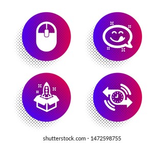 Computer mouse, Startup and Yummy smile icons simple set. Halftone dots button. Timer sign. Pc equipment, Innovation, Emoticon. Stopwatch. Technology set. Classic flat computer mouse icon. Vector