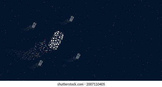 A computer mouse symbol filled with dots flies through the stars leaving a trail behind. There are four small symbols around. Vector illustration on dark blue background with stars