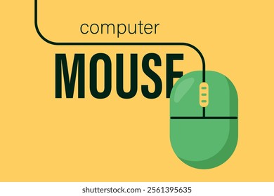 Computer Mouse with Text and long Wire. Banner for IT sphere, Technologies, education. Green computer controller on yellow background. Hardware top view. Color image. Flat style. Vector illustration