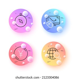 Computer mouse, Travel compass and Internet search minimal line icons. 3d spheres or balls buttons. Yen money icons. For web, application, printing. Pc component, Trip destination, Web finder. Vector
