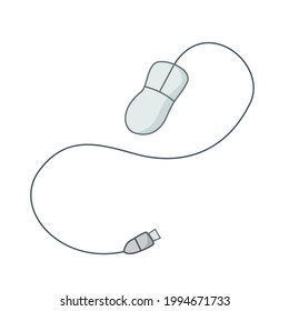 Computer mouse with two buttons, wire and USB connection.Colored isolated illustrations in cartoon style with an outline on a white.
