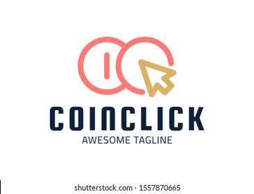 Computer mouse and two coins logo. Click on money labrl for banking sites and apps, stores, payment, money management