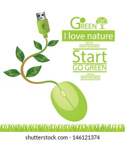 Computer mouse. Usb cable. Tree design. Go green. Save world. vector illustration.