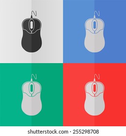 Computer mouse vector icon. Effect of folded paper. Colored (red, blue, green) illustrations. Flat design