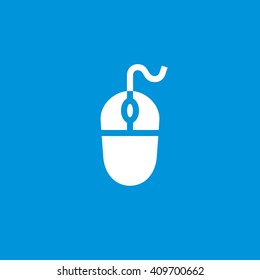 Computer mouse vector icon for website, smartphone mobile application and other business projects. White silhouette on blue background. 