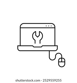 Computer with mouse, wrench on screen. Coding tools, construction of powerful software solutions. Pixel perfect, editable stroke icon