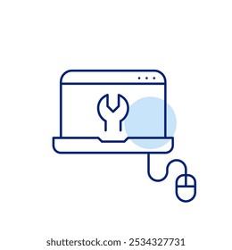 Computer with mouse, wrench on screen. Coding tools, construction of powerful software solutions. Pixel perfect vector icon