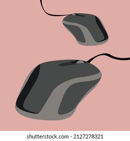 Computer mouses with cable on pink background