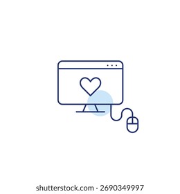 Computador, boca e coração. Conexão remota, tecnologia confiável e trabalho. Pixel perfeito, ícone de vetor de traçado editável