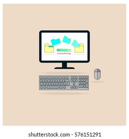 Computer to move the data from the file storage in electronic. Vector illustration.