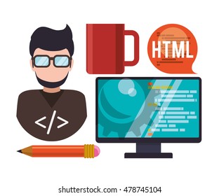 computer mug pencil bubble man boy glasses developer web responsive development website programming icon set. Colorful design. Vector illustration