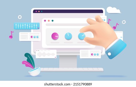 Computer music - Desktop pc screen with digital software for making music. Cartoon style vector illustration
