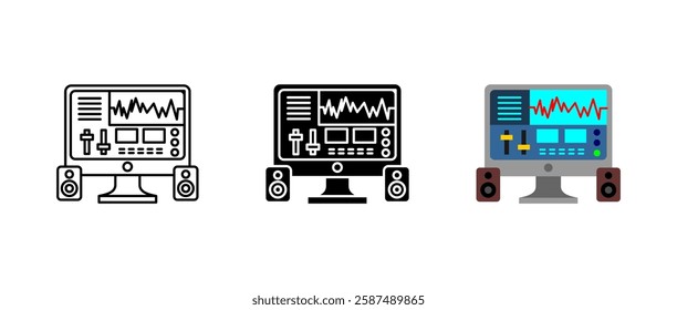 Computer music icon. Audio mixing and editing sign. Sound waveform symbol. Studio production pictogram. Digital recording illustration. Multimedia technology concept.